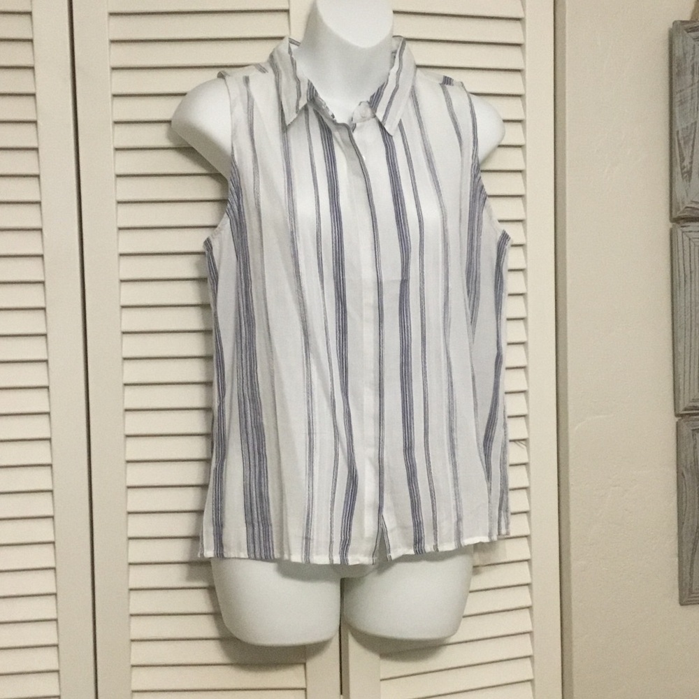 Miss Me White and Blue Sleeveless Striped Button-Up Shirt